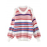 Red White Lines Striped Open Shoulder Loose Sweater