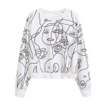 White Abstract Graphic Print Long Sleeves Sweatshirt