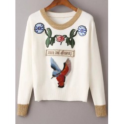 White Bird Flower Embroidery Winter Sweater