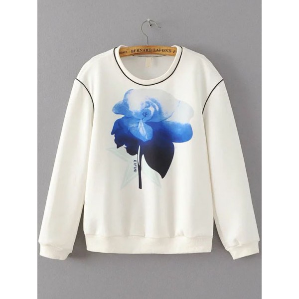 White Blue Flower Floral Rose Round Neck Sweatshirt