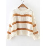 White Brown Lines Striped Loose Shoulder Sweater