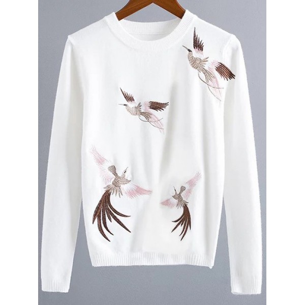 White Crane Bird Embroidery Winter Sweater