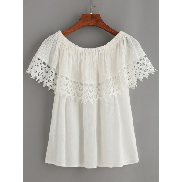 White Crochet Lace Trimmed Off Shoulder Short Sleeves Blouse Shirt Top