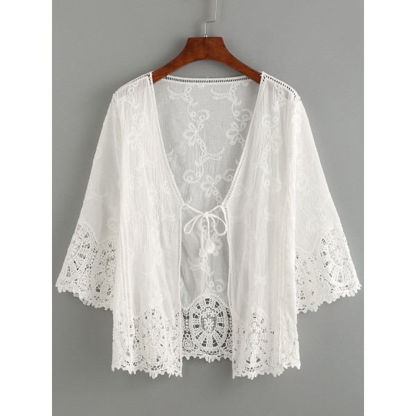 White Lace Crochet Mid Sleeves Cardigan Kimono