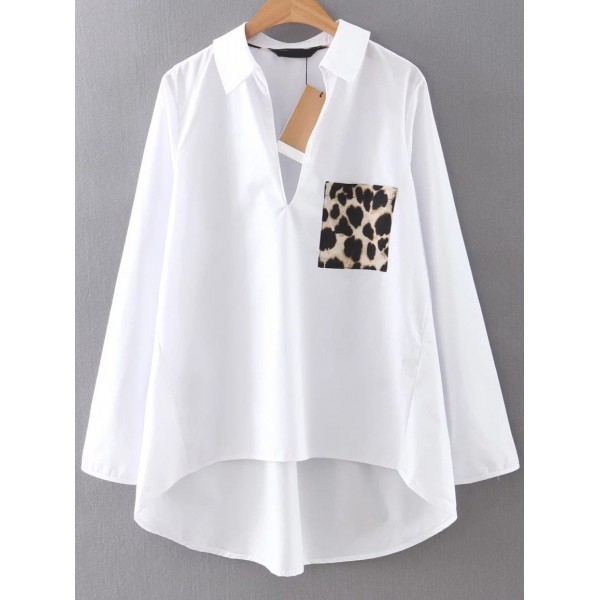 White Leopard Pocket Long Sleeves Shirt Blouse
