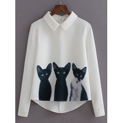 White Long Sleeves Cats Lapel Collar Blouse