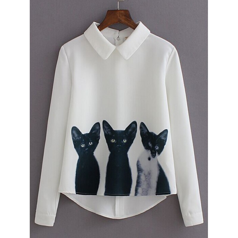 White Long Sleeves Cats Lapel Collar Blouse