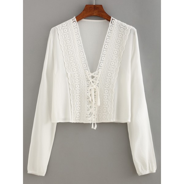 White Loose Trimmed Lace Up Crop Top Long Sleeves