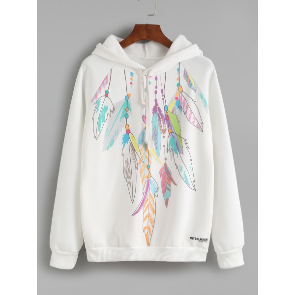 White Rainbow Feather Print Hooded Hoodie Sweatshirt