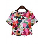 White Round Neck Colorful Flowers Floral Cropped Chiffon Short Sleeves Blouse