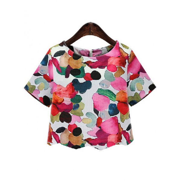 White Round Neck Colorful Flowers Floral Cropped Chiffon Short Sleeves Blouse