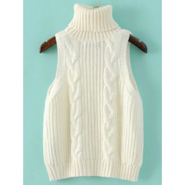 White Turtleneck Knitted Sleeveless Sweater Vest