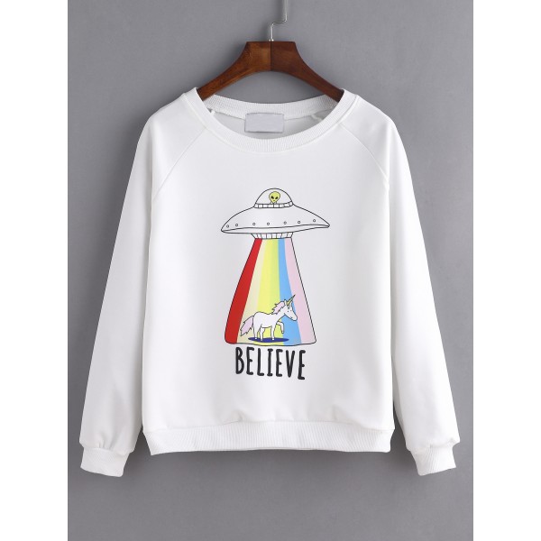 White UFO Rainbow Unicorn Believe Long Sleeves Sweatshirt