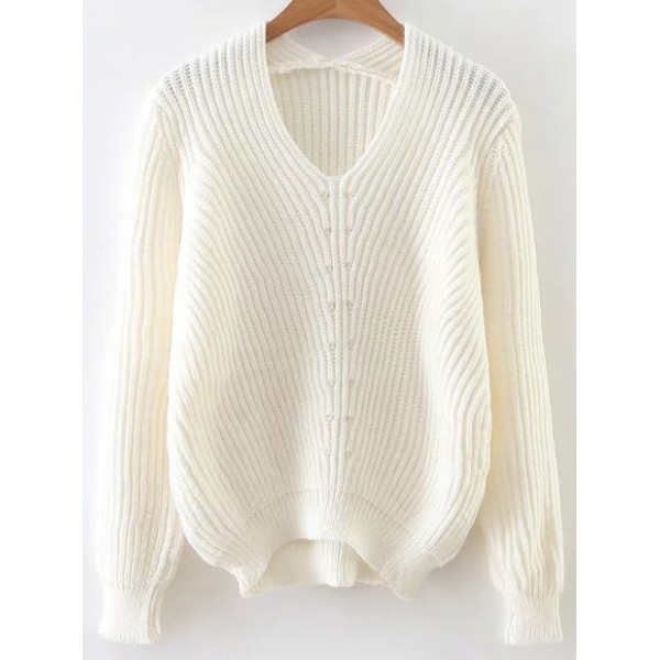 White V Neck Long Sleeves Asymmetrical Loose Sweater
