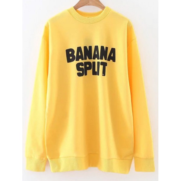 Yellow Banana Split Print Crew Neck Long Sleeves Sweatshirt