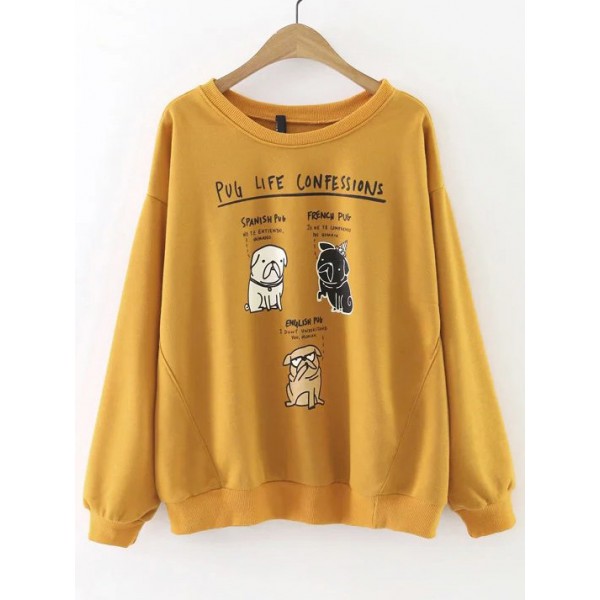 Yellow Cartoon Dogs Print Long Sleeves Sweatshirt