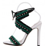 Green Blue White Studs Cross Straps Fringes Bohemian High Stiletto Heels Sandals Shoes