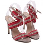 Khaki Red Studs Cross Straps Fringes Bohemian High Stiletto Heels Sandals Shoes