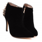 Black Spikes Studs Suede Point Head Stiletto High Heels Ankle Boots Shoes