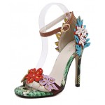 Green Colorful Flowers Snake Skin High Stiletto Heels Pumps Sandals Shoes