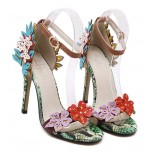 Green Colorful Flowers Snake Skin High Stiletto Heels Pumps Sandals Shoes