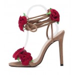 Khaki Red Roses Suede High Stiletto Heels Pumps Strappy Gladiator Goddess Sandals Shoes