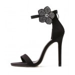 Black Suede Ankle Rhinestones Diamonte Flower High Stiletto Heels Pump Sandals Shoes