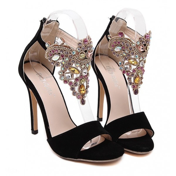 Black Suede Gold Ankle Rhinestiones Diamote Gladiator Wedding High Stiletto Heels Pumps Sandals Shoes