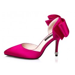 Fushia Pink Satin Back Giant Bow Diamonte Bridal Point Head High Stiletto Heels Shoes