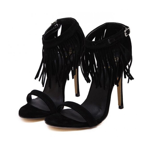 Black Suede Ankle Fringes Bohemia Stiletto High Heels Sandals Shoes