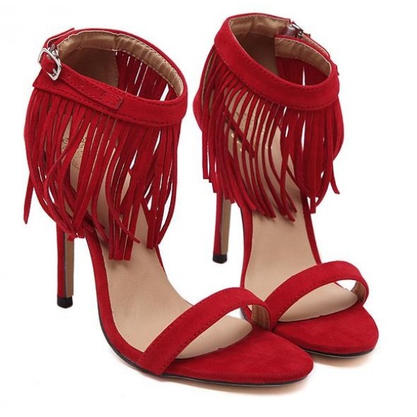Red Suede Ankle Fringes Bohemia Stiletto High Heels Sandals Shoes