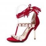 Red Black Suede Straps Giant White Pearls High Stiletto Heels Sandals Shoes