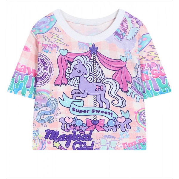 Pink Unicorn Cute Cropped Short Sleeves Tops T Shirt