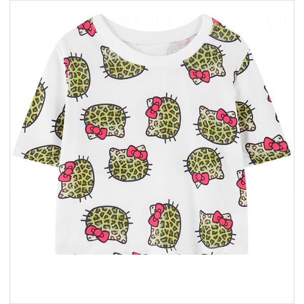 White Hello Kitty Leopard Cropped Short Sleeves Tops T Shirt