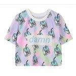 Blue Rainbow Damn Milk  Harajuku Funky Cropped Short Sleeves Tops T Shirt