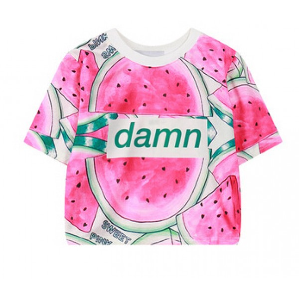Pink Watermelon Damn Funky Cropped Short Sleeves Tops T Shirt