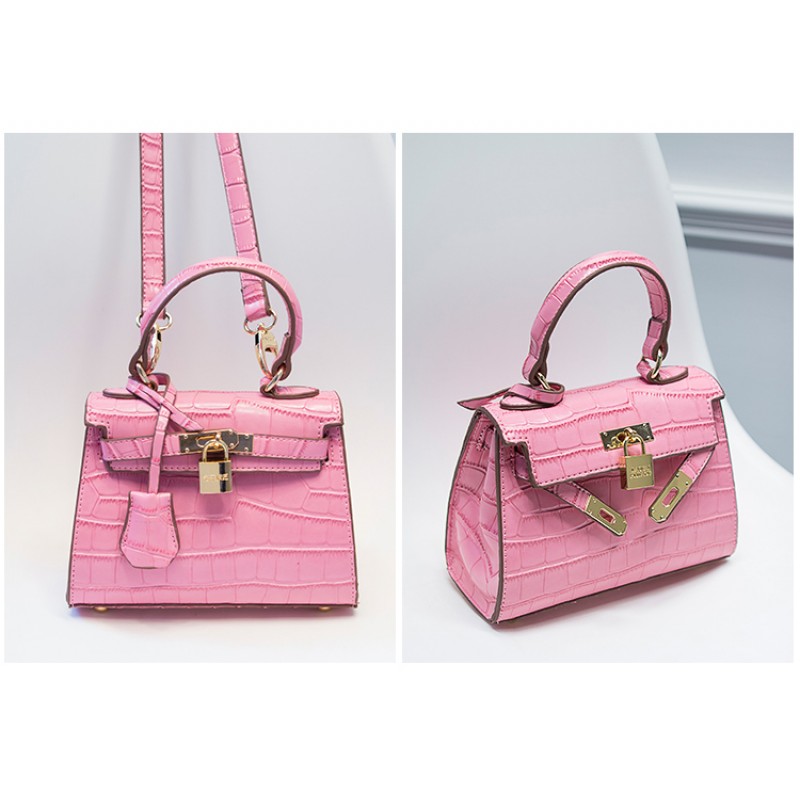 Pink Crocodile Gold Padlock Mini Boston Doctor Handbag Cross Body Strap Bag