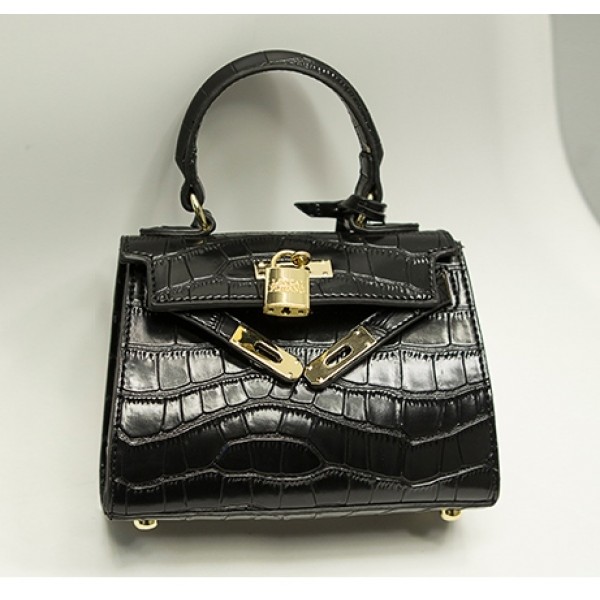 Black Crocodile Gold Padlock Mini Boston Doctor Handbag Cross Body Strap Bag