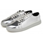 Silver Metallic Shiny Leather Lace Up Shoes Womens Sneakers