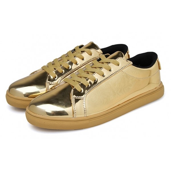 Gold Metallic Shiny Leather Lace Up Shoes Womens Sneakers