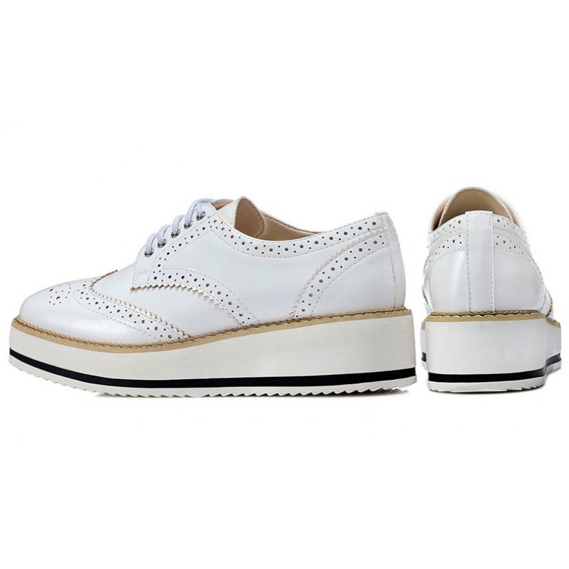 White Patent Glossy Leather Lace Up Baroque Platform Oxfords Shoes 