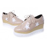 Khaki Brown Patent Leather Stars Lace Up Platforms Wedges Oxfords Shoes