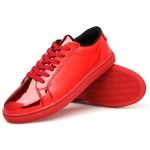 Red Metallic Shiny Leather Lace Up Shoes Womens Sneakers