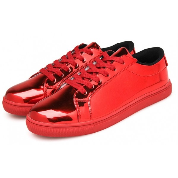 Red Metallic Shiny Leather Lace Up Shoes Mens Sneakers