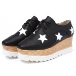 Black Leather Stars Lace Up Platforms Wedges Oxfords Shoes