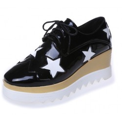 Black Patent Leather Stars Lace Up Platforms Wedges Oxfords Shoes