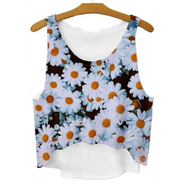 Green White Camomille Flowers Cropped Sleveless T Shirt Cami Tank Top