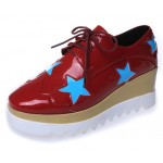 Red Patent Leather Stars Lace Up Platforms Wedges Oxfords Shoes