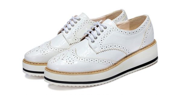 White Patent Glossy Leather Lace Up Baroque Platform Oxfords 