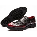 Burgundy Leather Glitter Metal Studs Lace Up Mens Oxfords Dress Shoes